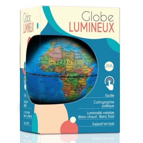 GLOBE 14 CM BLEU LUMINEUX + SUPPORT EN BOIS