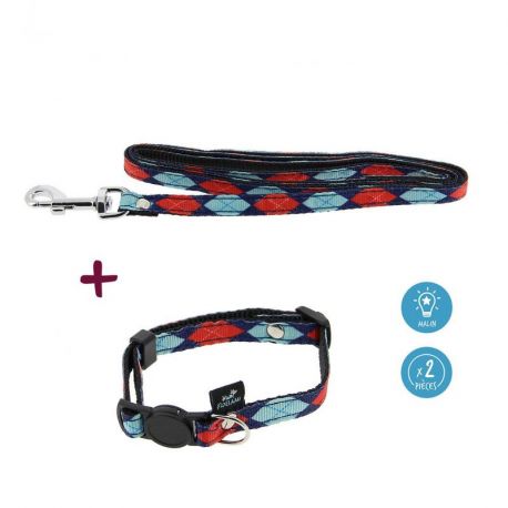 LAISSE-COLLIER CHAT - KIT PROMENADE ANTI-ETRANGLEMENT - ROUGE ET BLEU