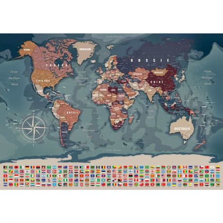 CARTE DU MONDE AVEC DRAPEAUX 100 CM X 70 CM